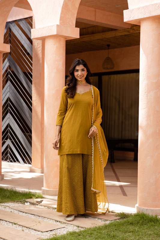 Zaitoon Sleeved - Sharara Set (Olive Green)