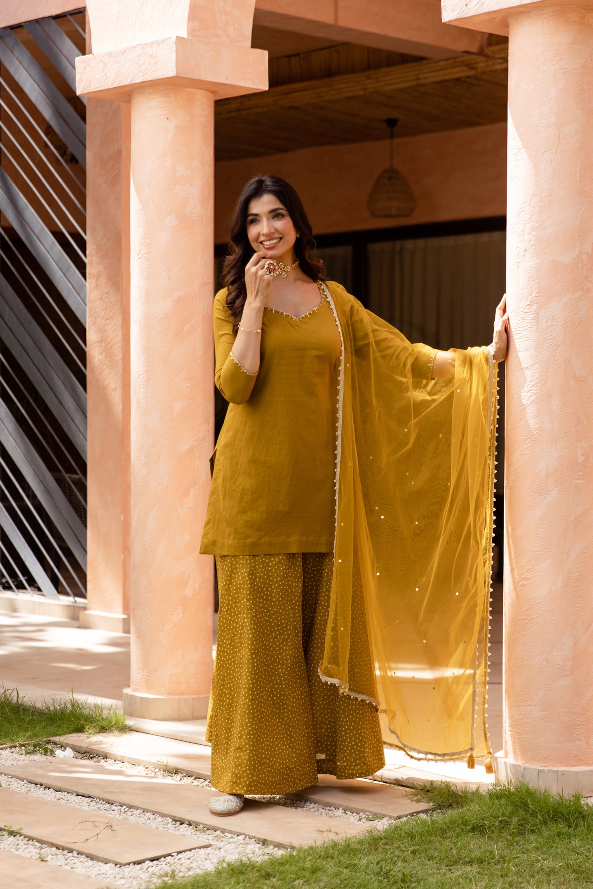 Zaitoon Sleeved - Sharara Set (Olive Green)