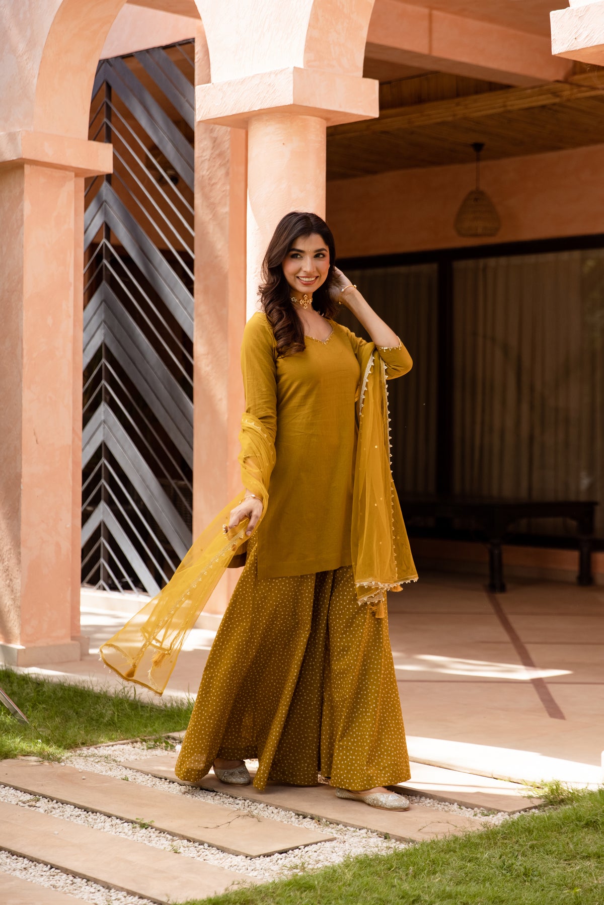 Zaitoon Sleeved - Sharara Set (Olive Green)
