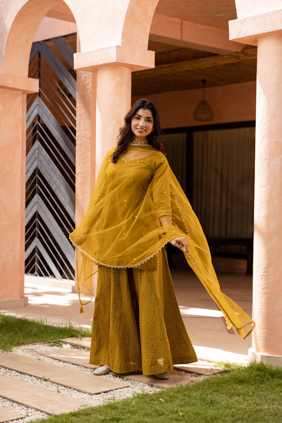 Zaitoon Sleeved - Sharara Set (Olive Green)