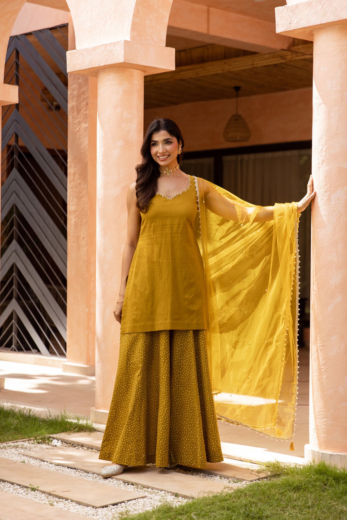 Zaitoon Sleeveless - Sharara Set (Olive Green)