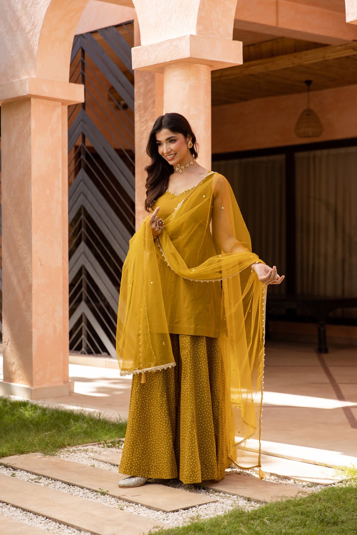 Zaitoon Sleeveless - Sharara Set (Olive Green)