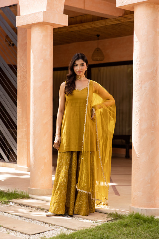 Zaitoon Sleeveless - Sharara Set (Olive Green)