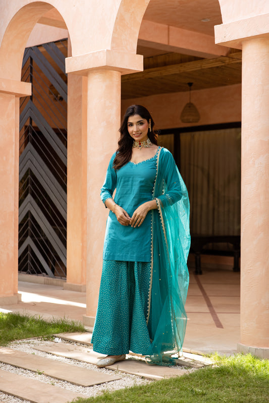 Mor Sleeved - Sharara Set (Teal)