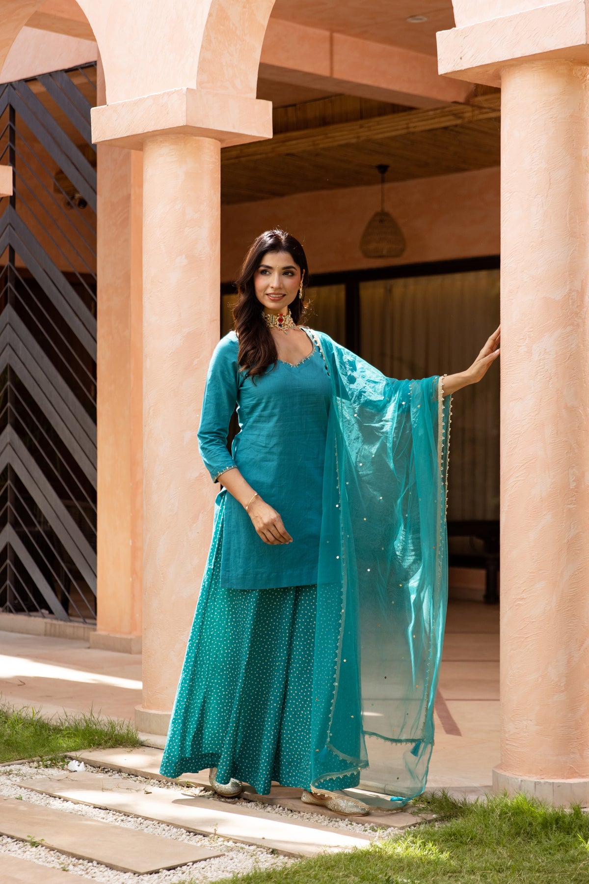 Mor Sleeved - Sharara Set (Teal)
