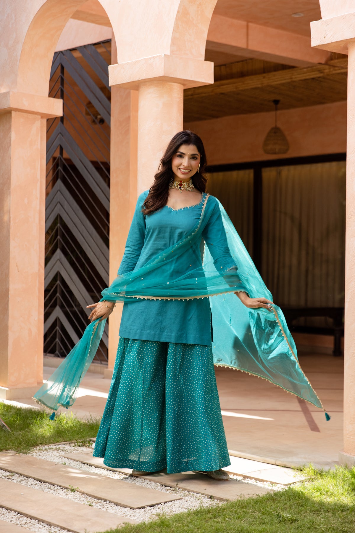 Mor Sleeved - Sharara Set (Teal)