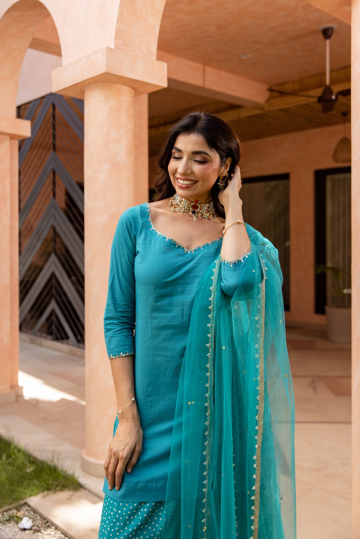 Mor Sleeved - Sharara Set (Teal)