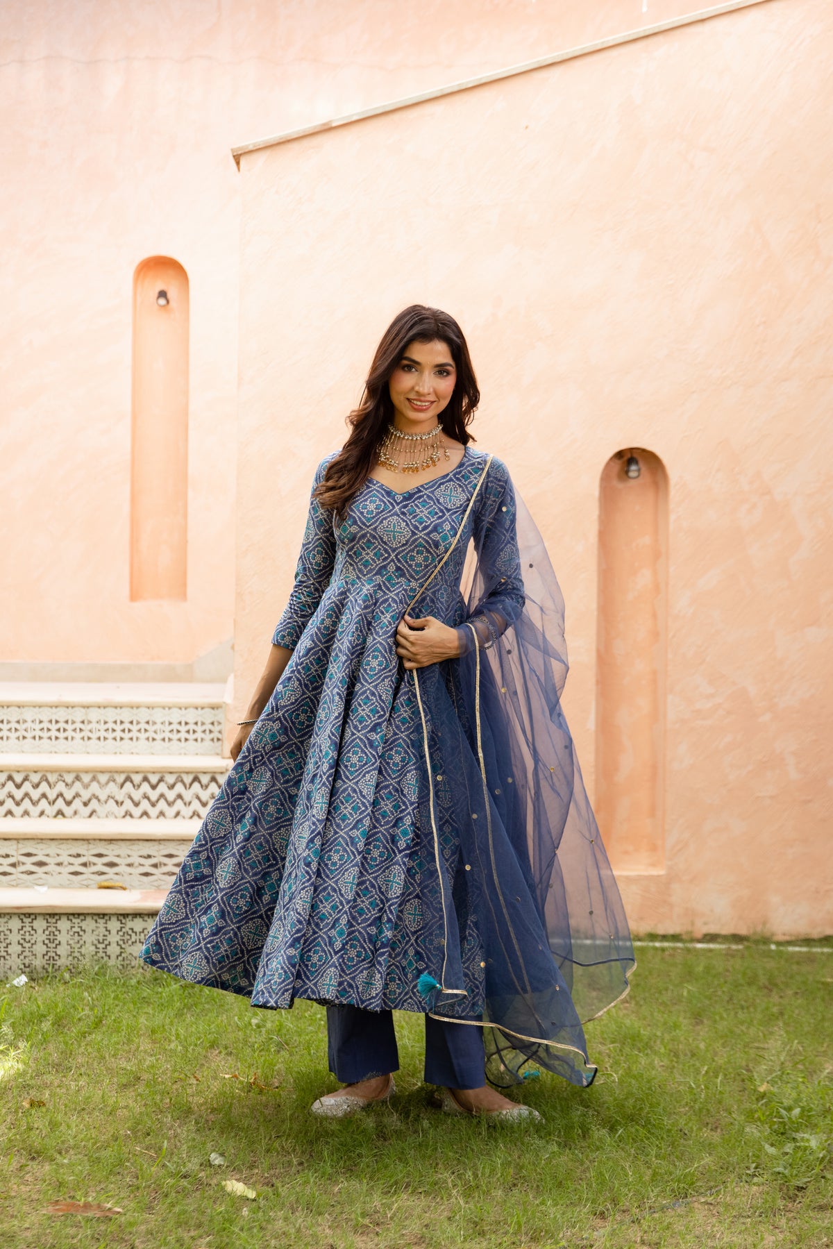 Neel Sleeved - Anarkali Suit (Blue)