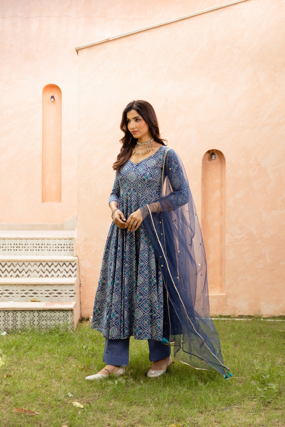 Neel Sleeved - Anarkali Suit (Blue)