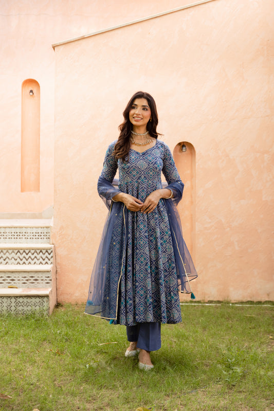 Neel Sleeved - Anarkali Suit (Blue)