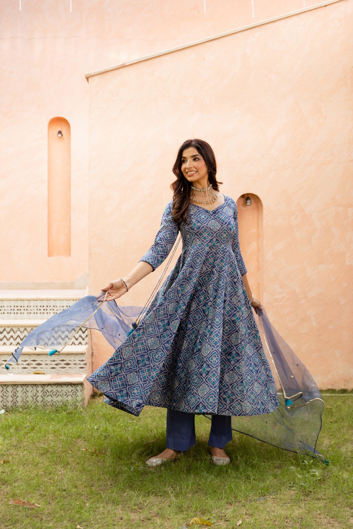 Neel Sleeved - Anarkali Suit (Blue)