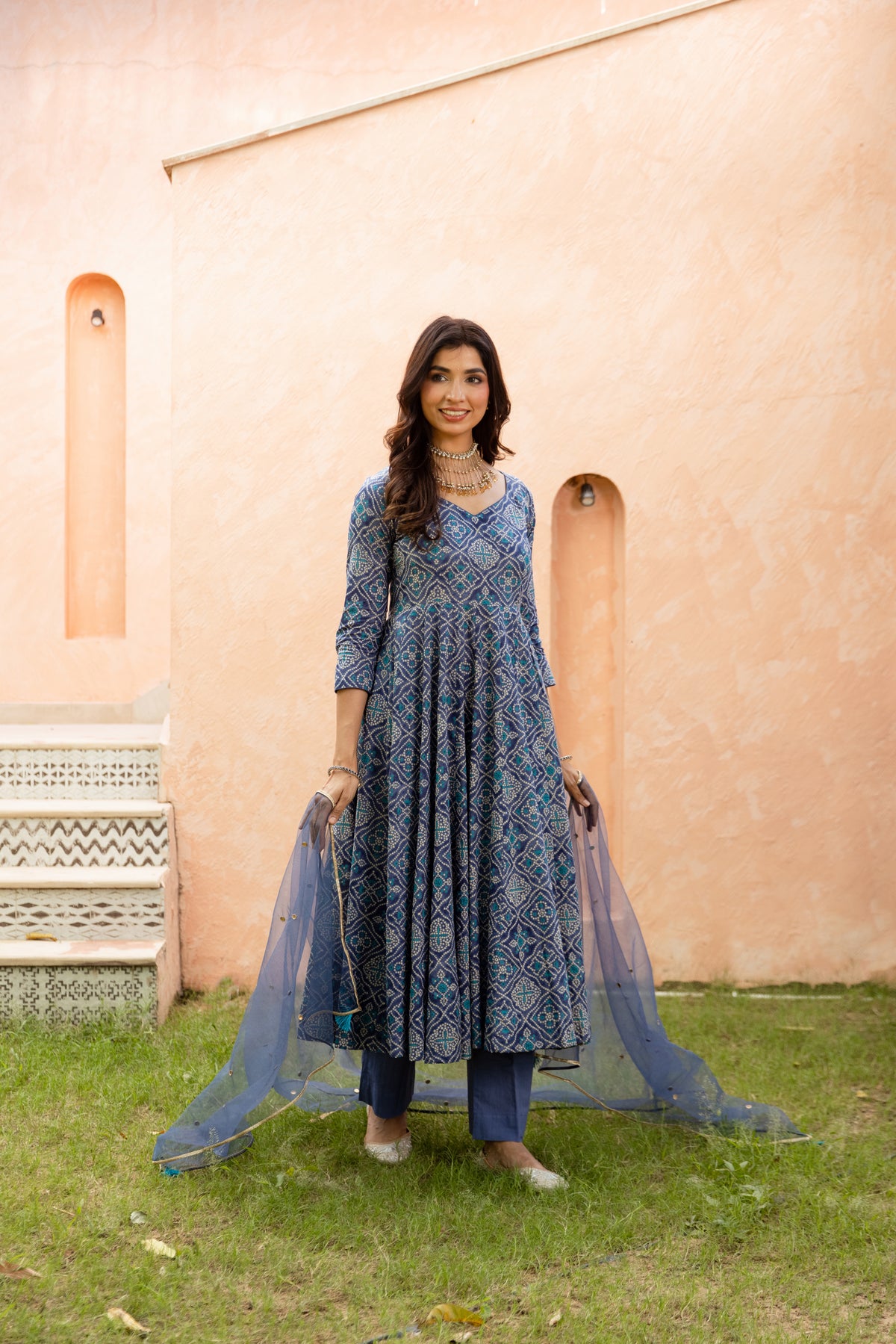 Neel Sleeved - Anarkali Suit (Blue)