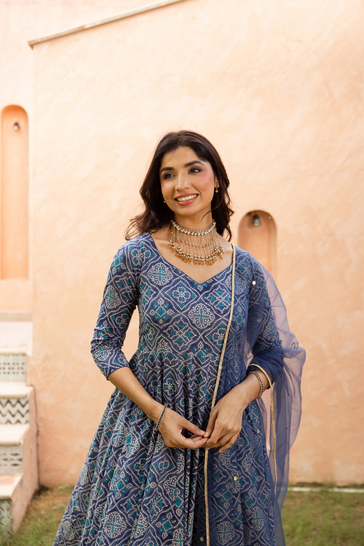 Neel Sleeved - Anarkali Suit (Blue)