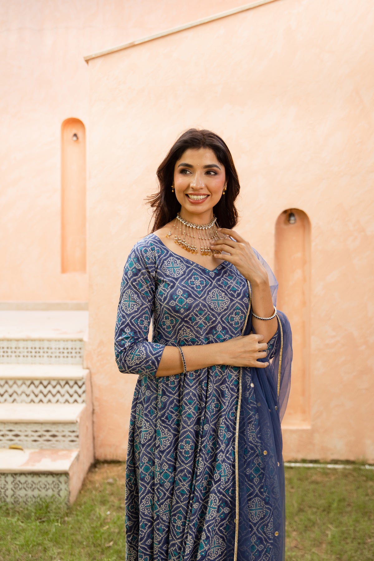 Neel Sleeved - Anarkali Suit (Blue)