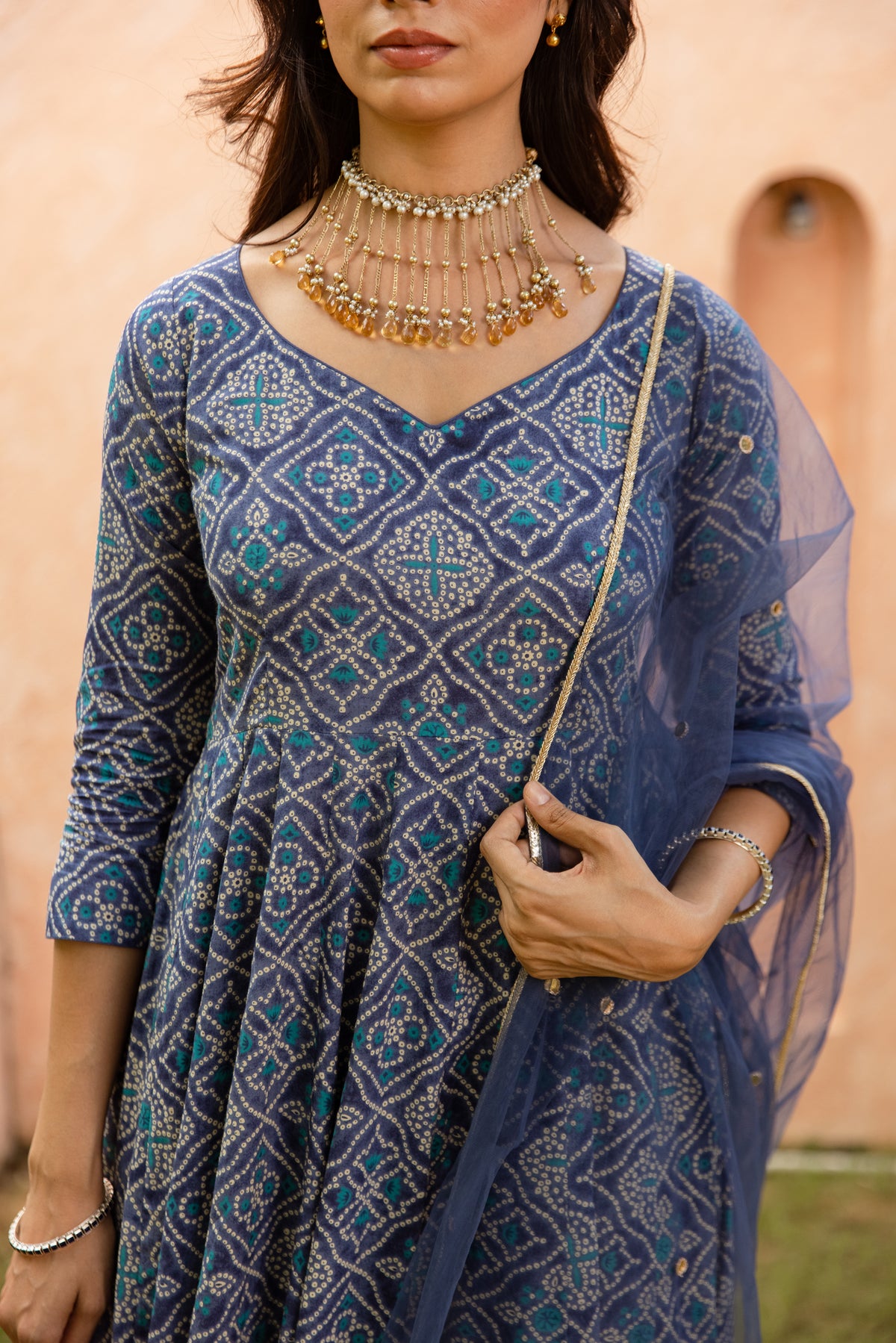 Neel Sleeved - Anarkali Suit (Blue)