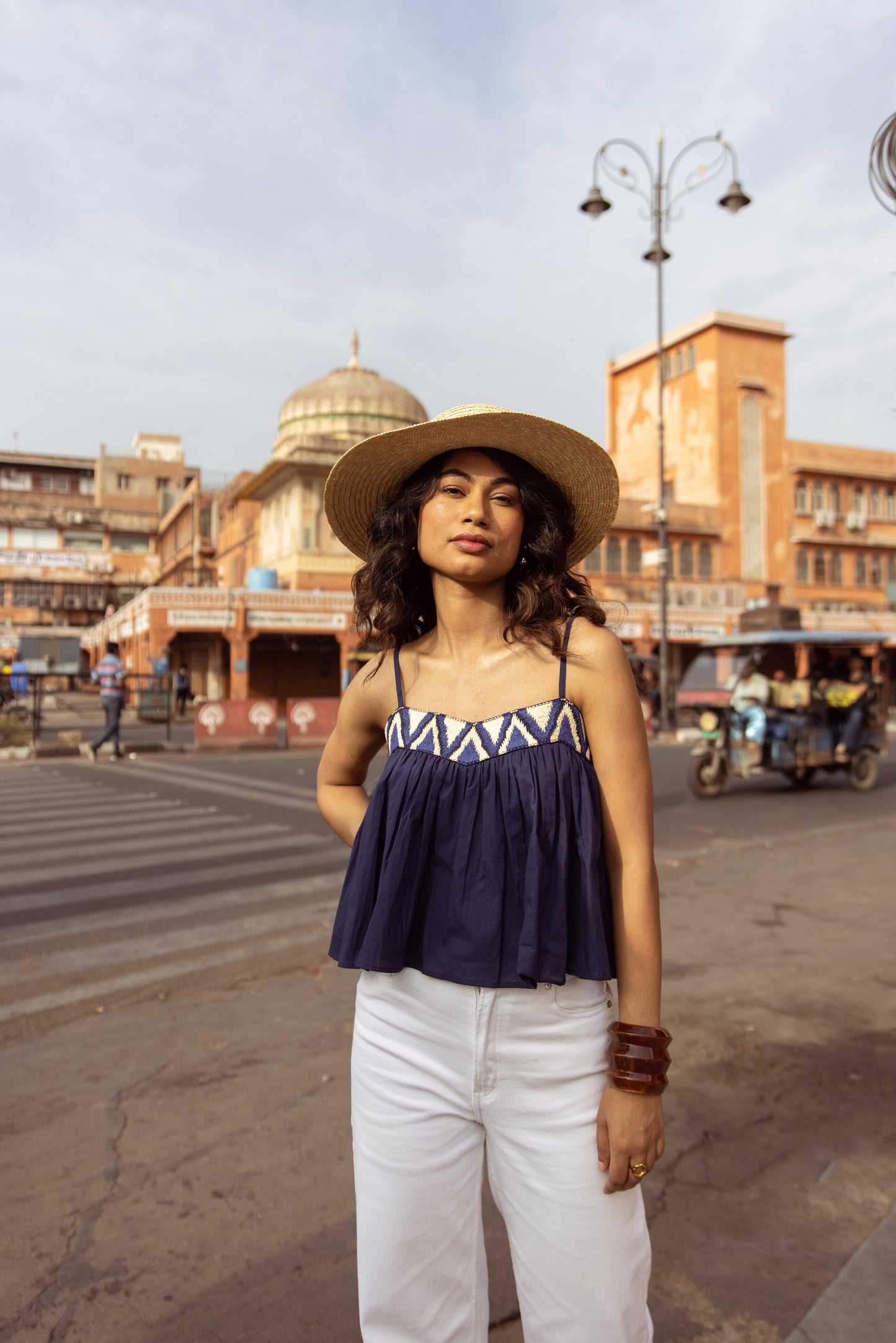 Embroidered Yoke Thin Strap Top- Blue