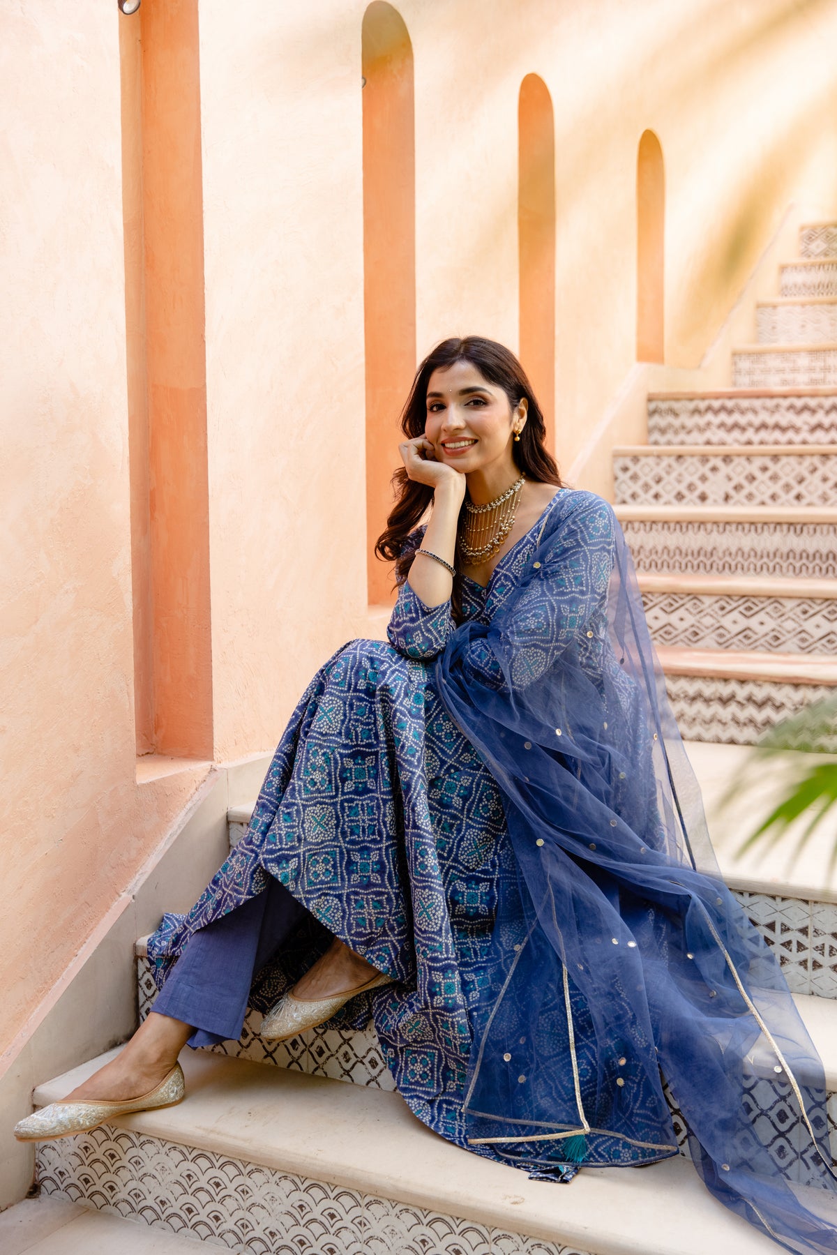 Neel Sleeved - Anarkali Suit (Blue)