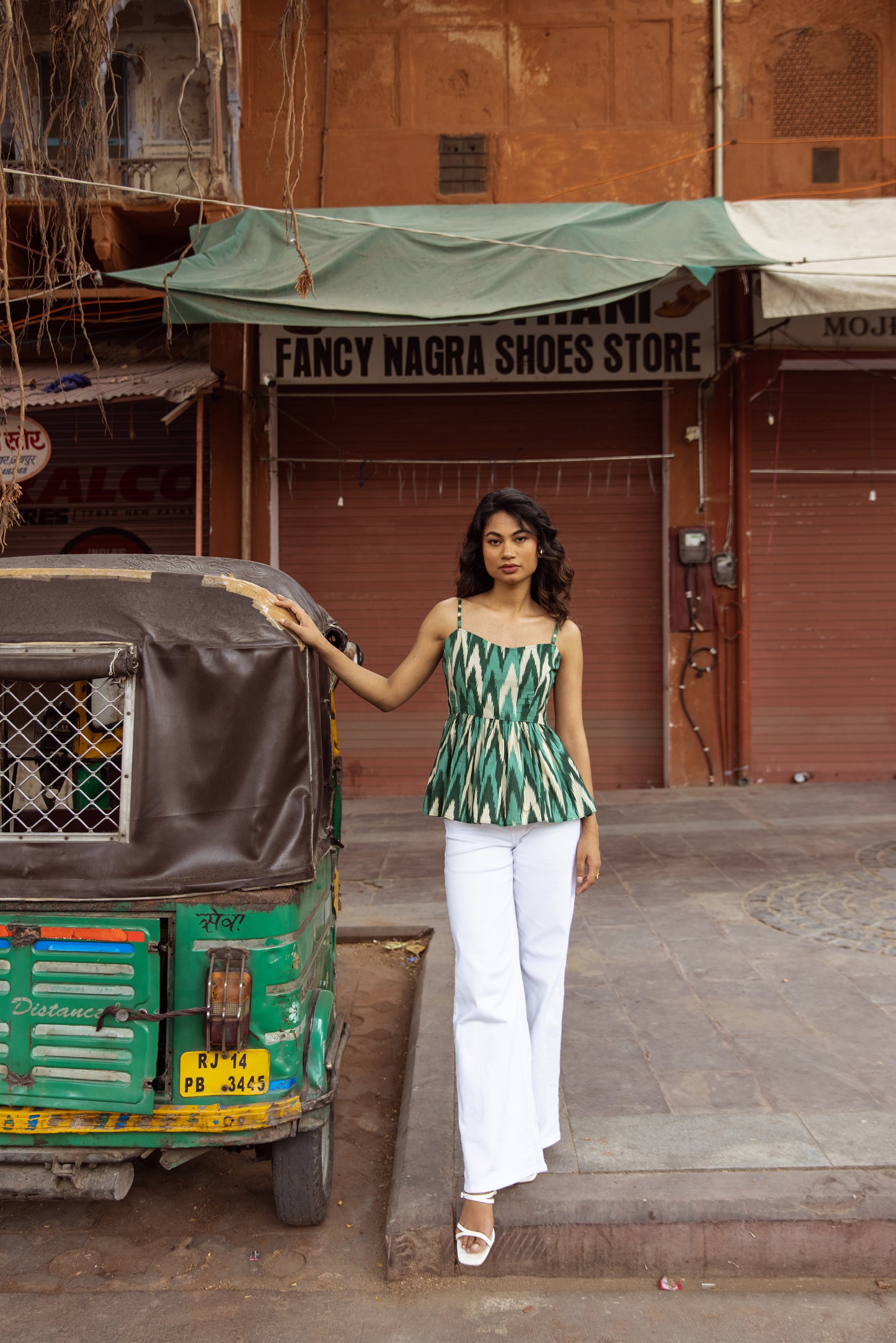 The Jaipur Zig Thin Strap Top- Green