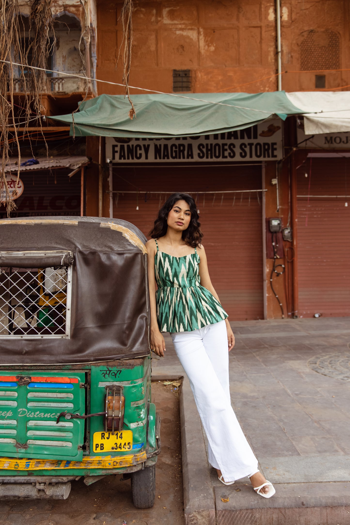 The Jaipur Zig Thin Strap Top- Green