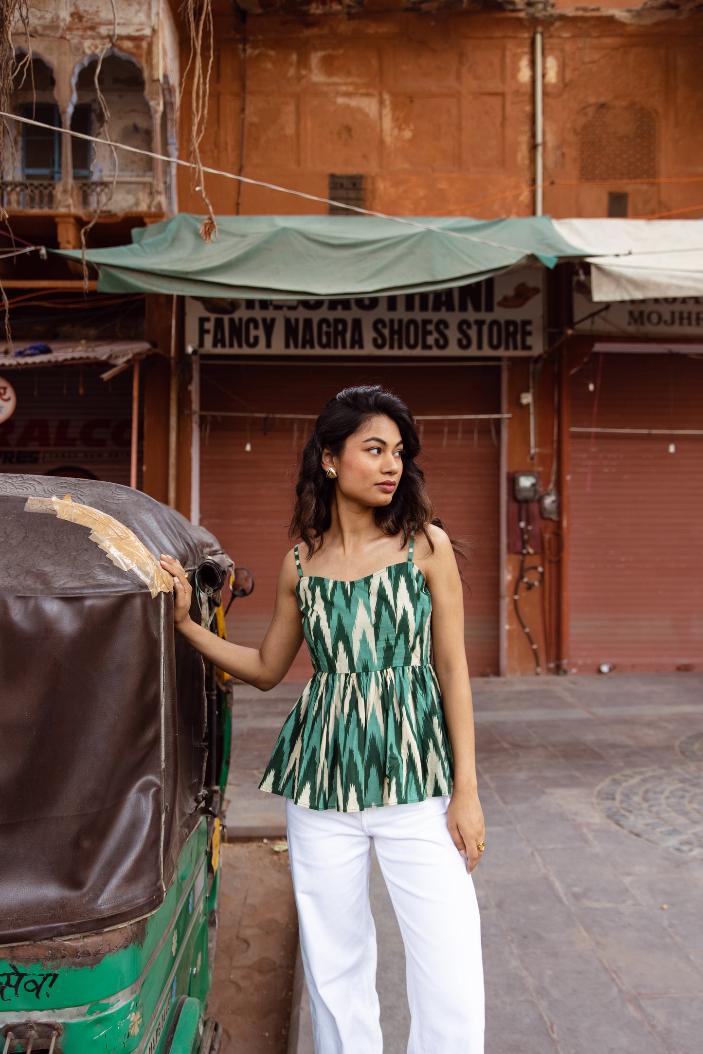 The Jaipur Zig Thin Strap Top- Green