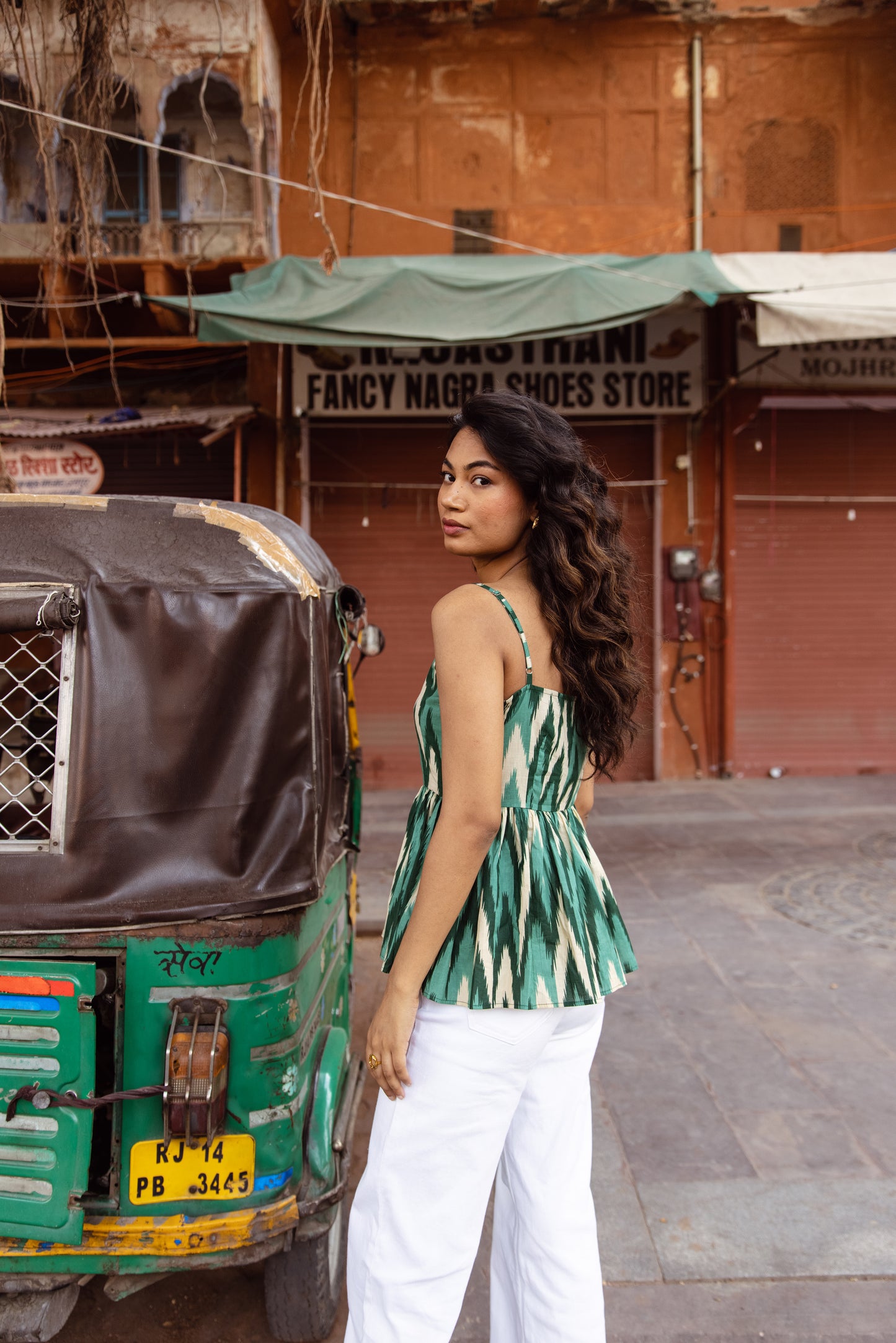 The Jaipur Zig Thin Strap Top- Green