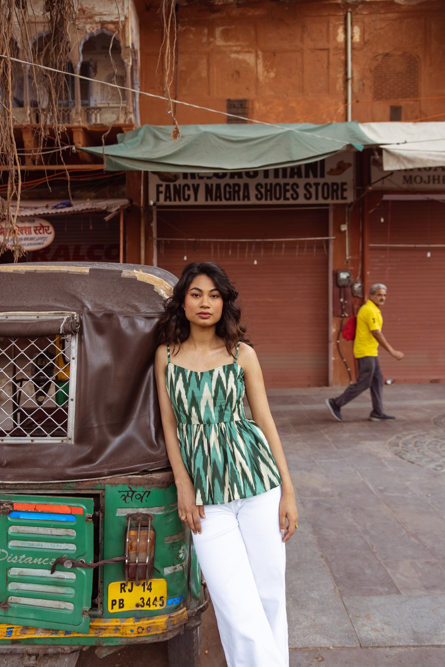The Jaipur Zig Thin Strap Top- Green