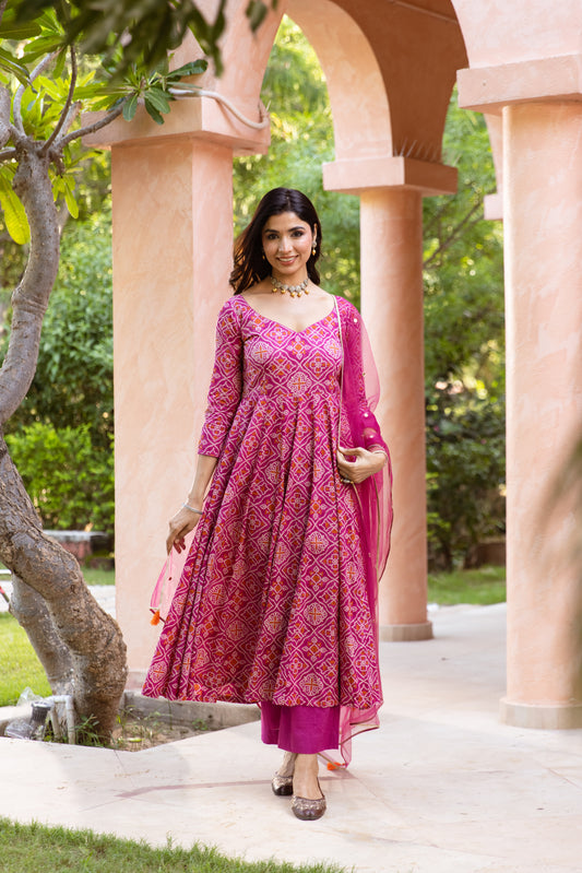 Gul Sleeved - Anarkali Suit (Pink)