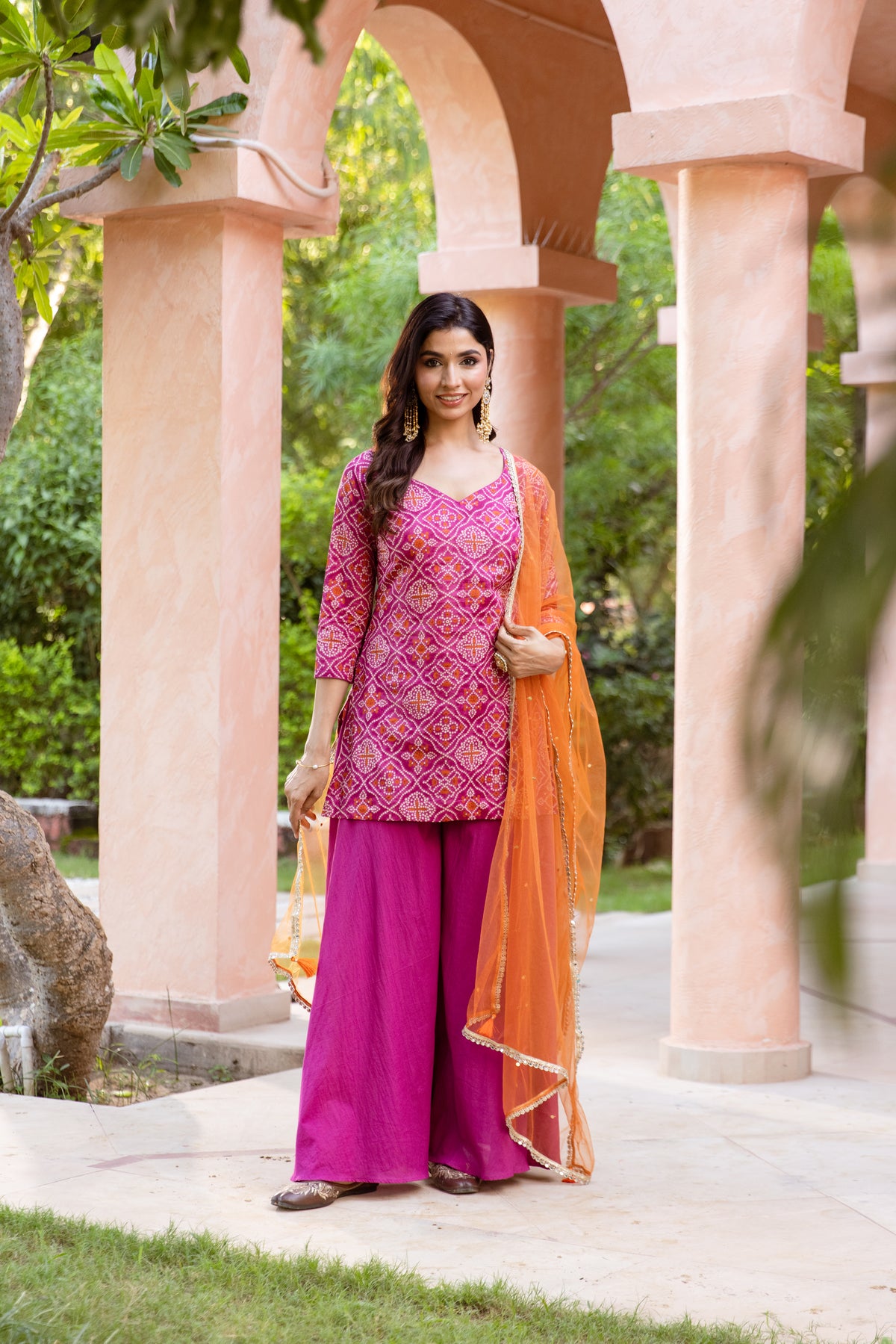 Gul Sleeved - Printed Sharara Set (Pink)
