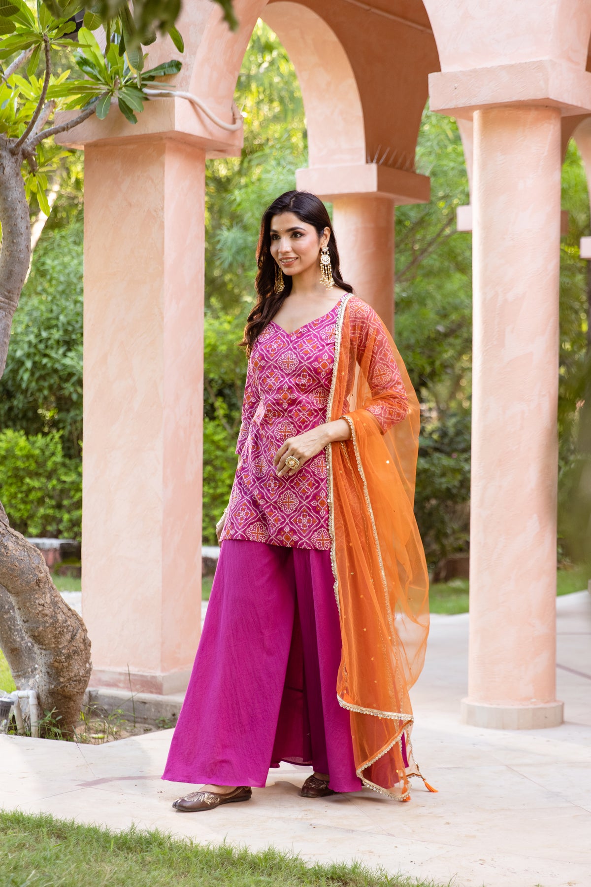 Gul Sleeved - Printed Sharara Set (Pink)