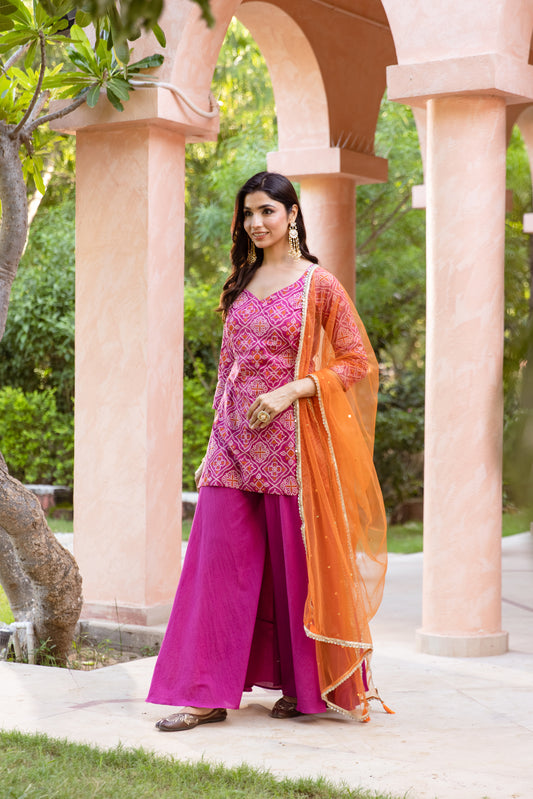 Gul Sleeved - Printed Sharara Set (Pink)