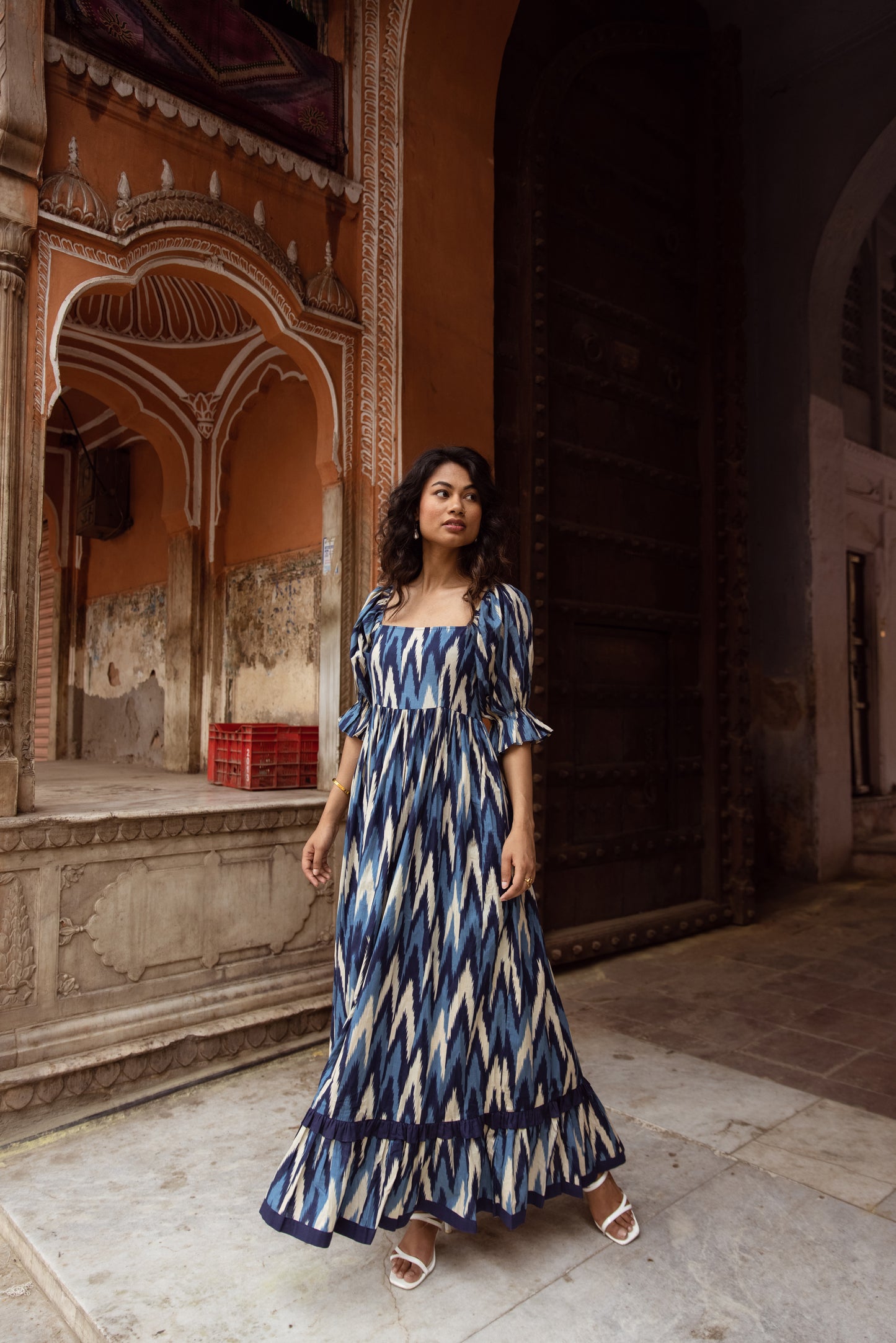 The Jaipur Zig Dress- Blue Sleeved