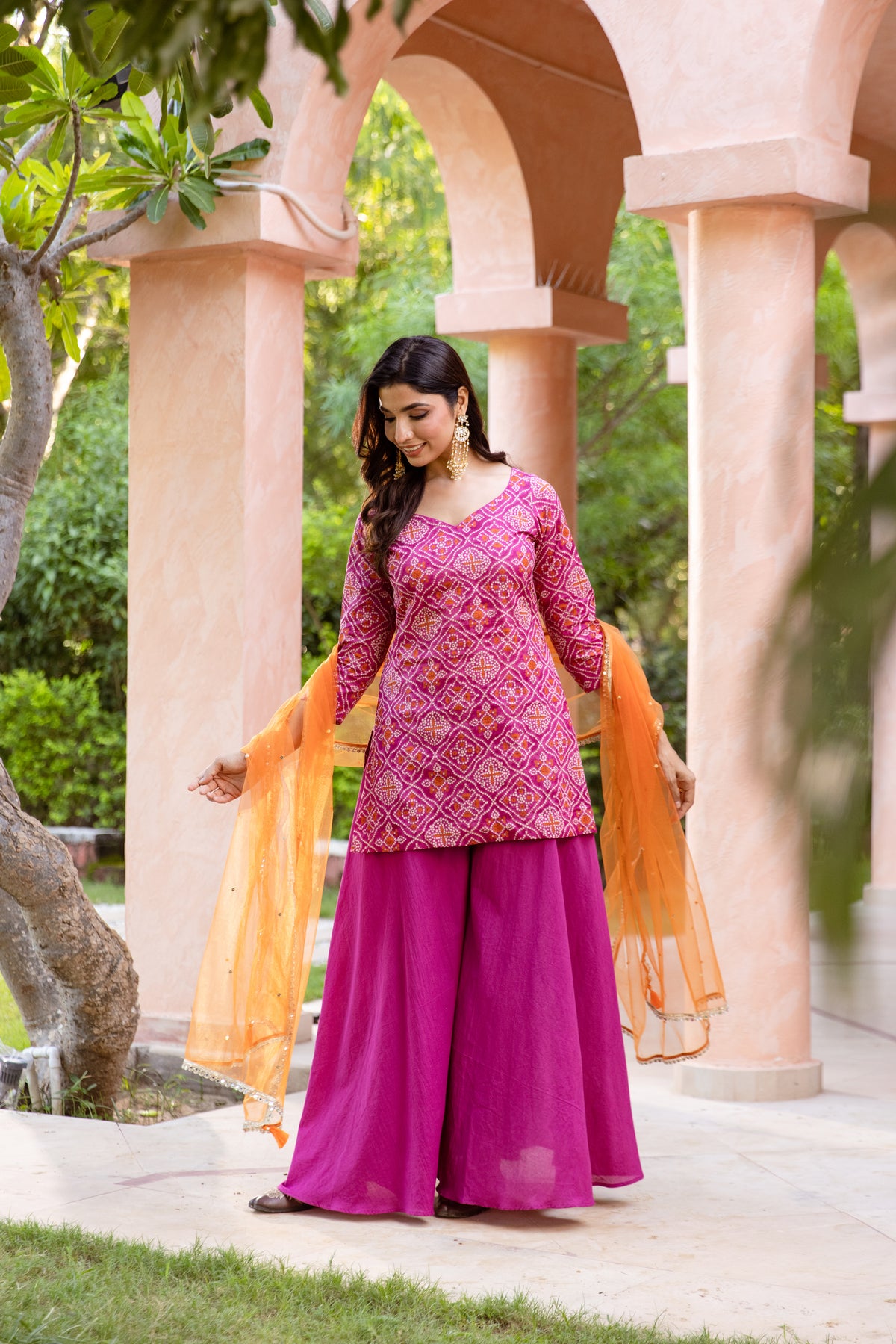 Gul Sleeved - Printed Sharara Set (Pink)