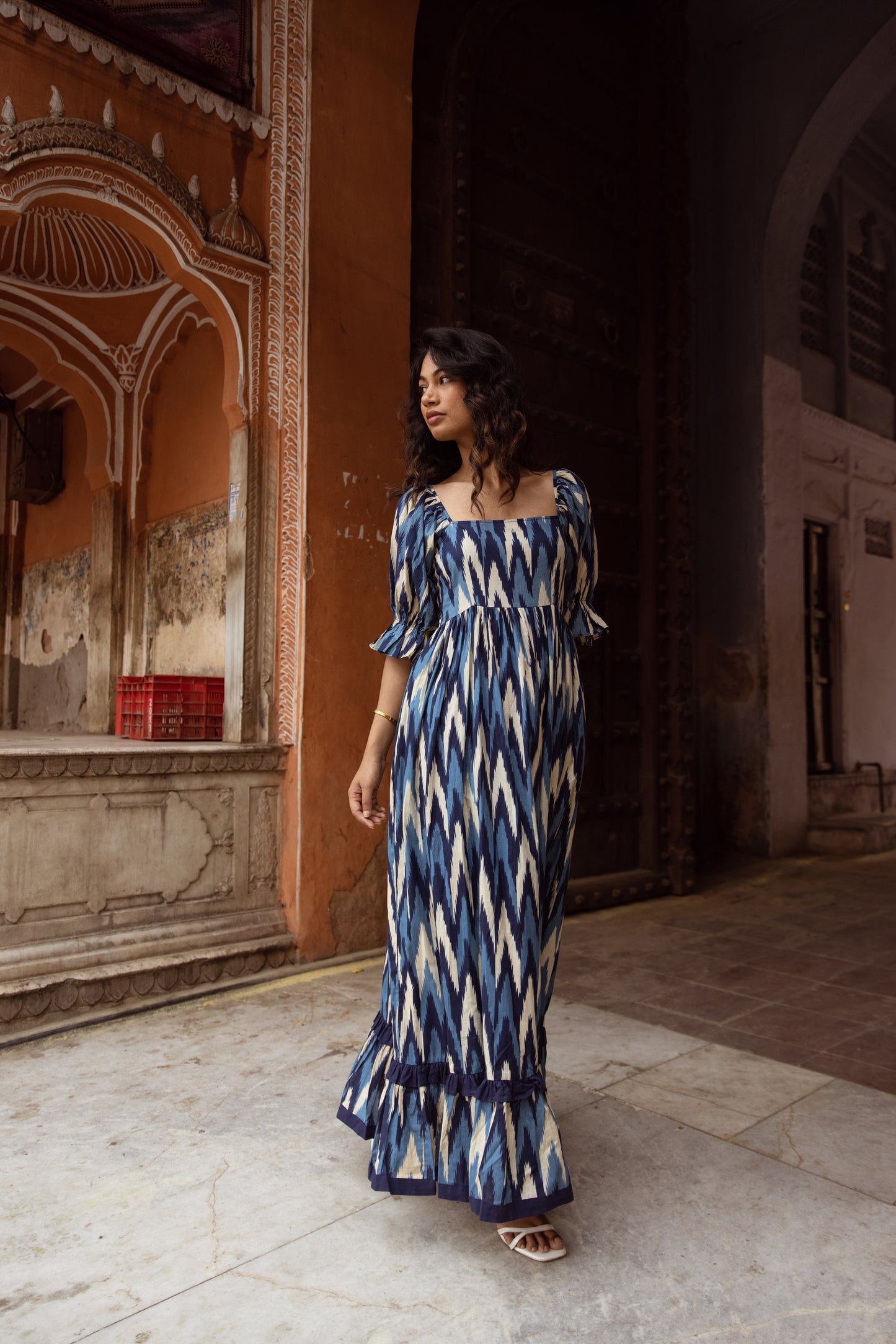 The Jaipur Zig Dress- Blue Sleeved