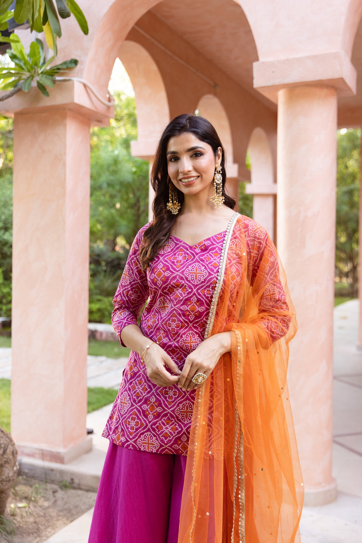 Gul Sleeved - Printed Sharara Set (Pink)