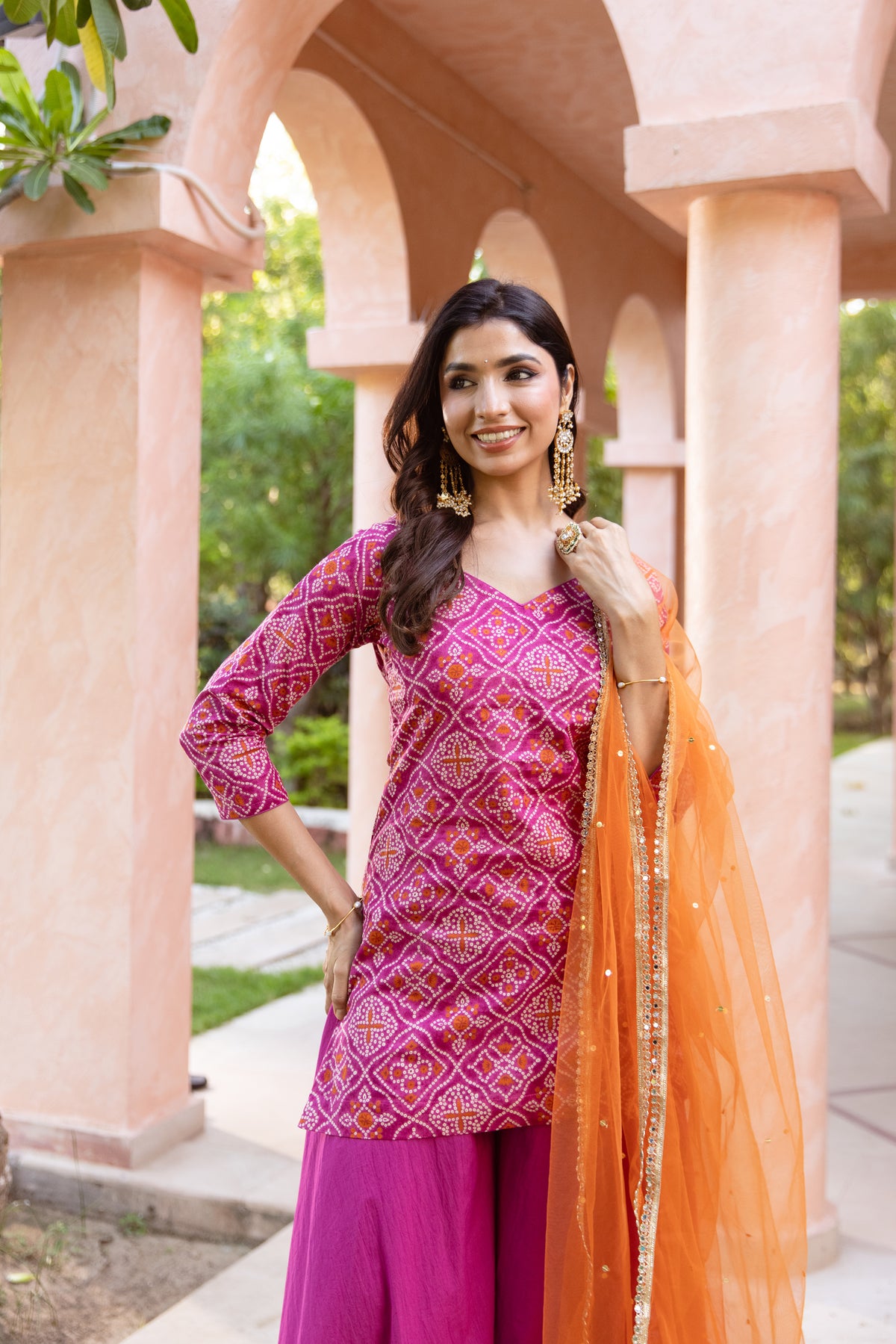 Gul Sleeved - Printed Sharara Set (Pink)