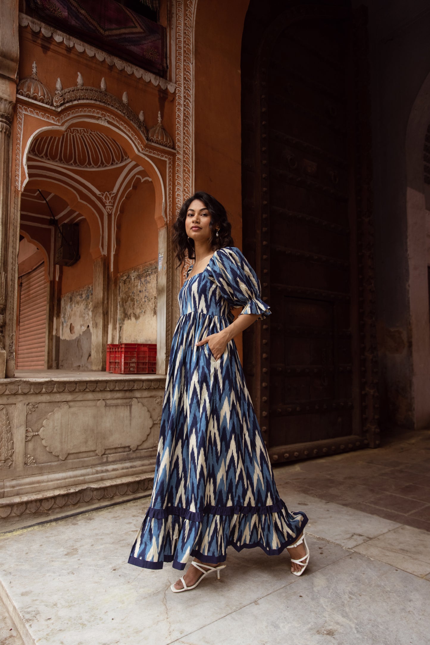 The Jaipur Zig Dress- Blue Sleeved