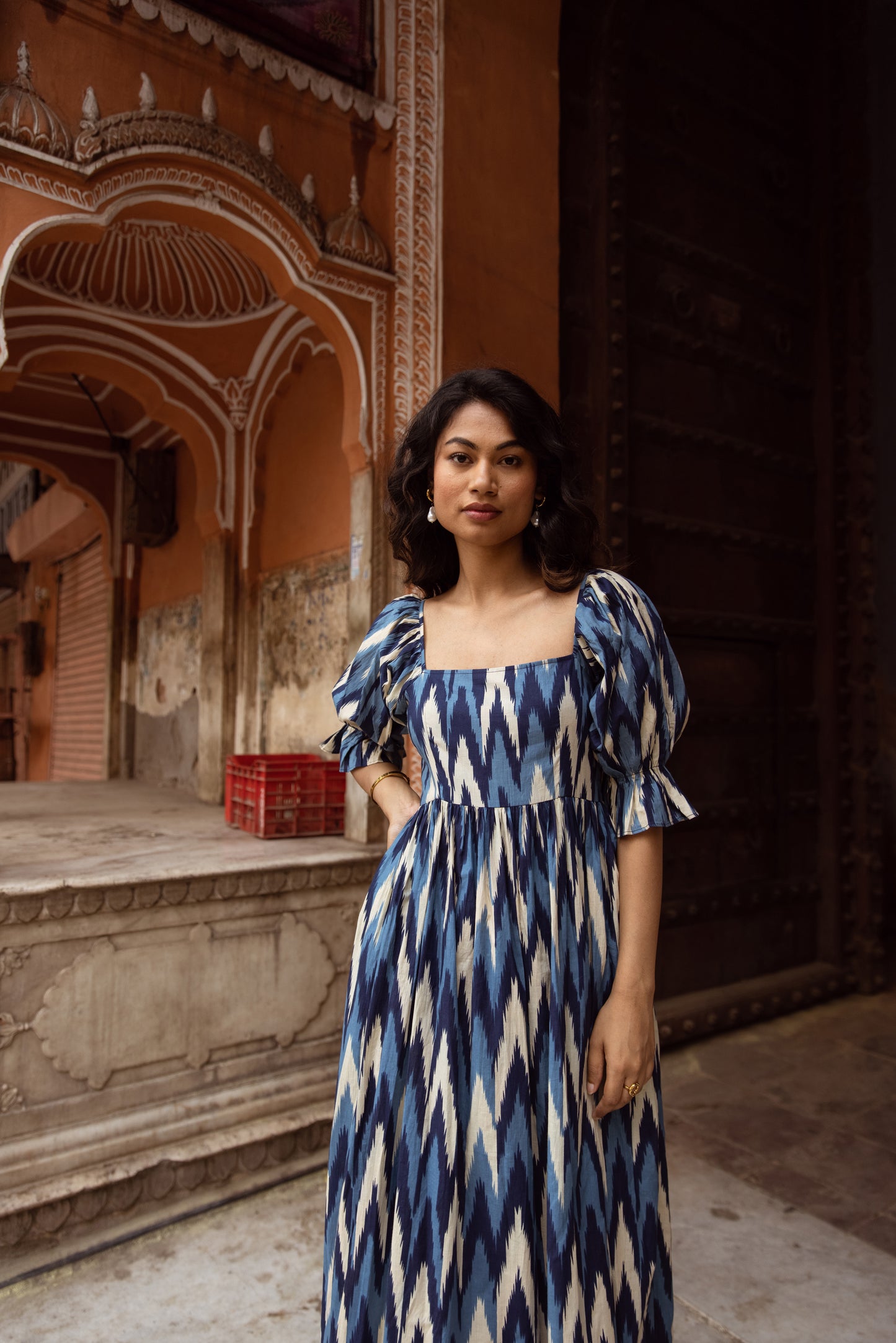 The Jaipur Zig Dress- Blue Sleeved