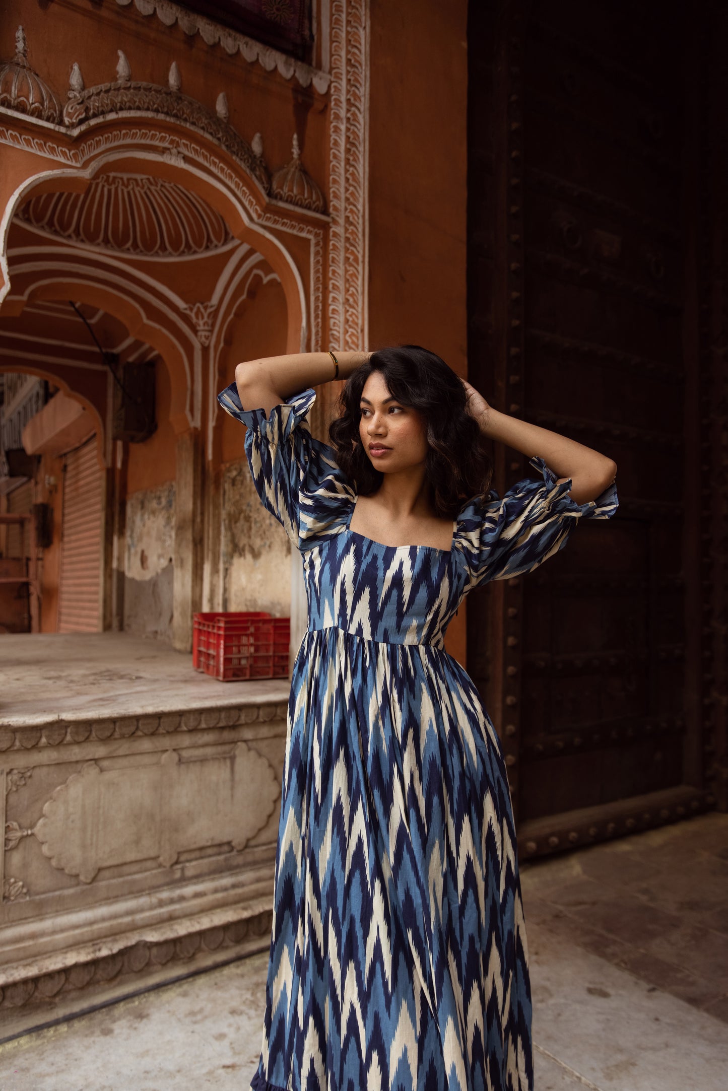 The Jaipur Zig Dress- Blue Sleeved