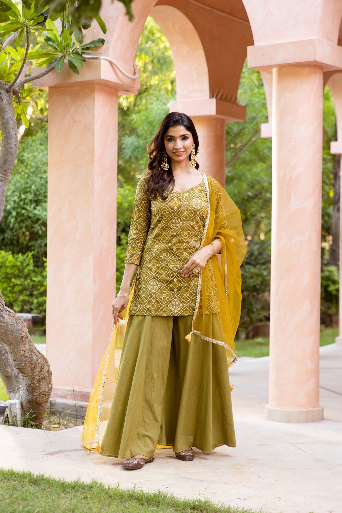 Kairi Sleeved - Printed Sharara Set (Green)