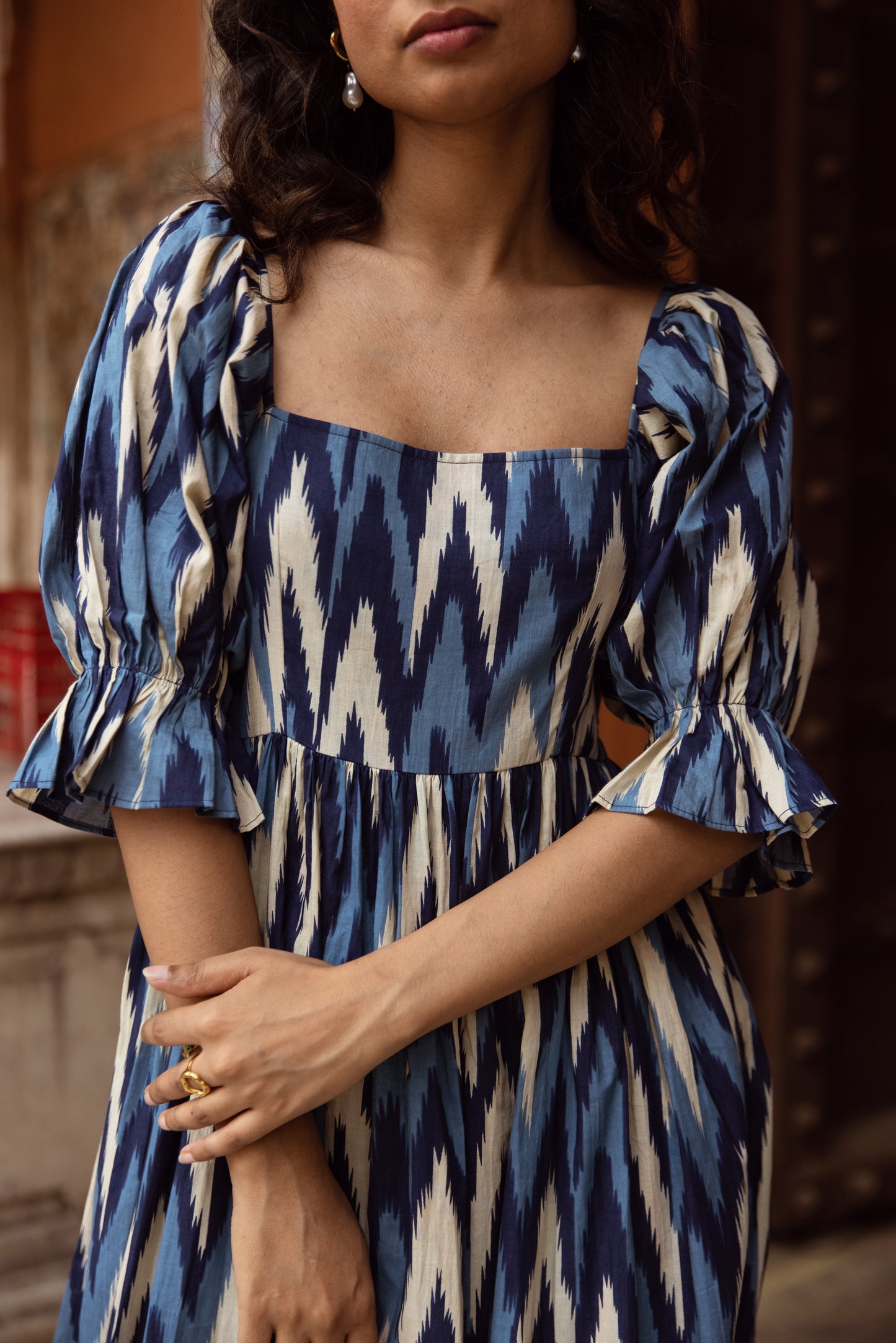 The Jaipur Zig Dress- Blue Sleeved