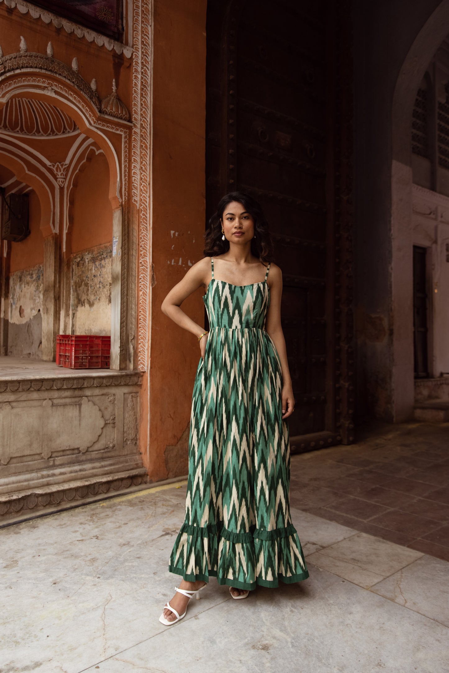 The Jaipur Zig Dress- Green Thin Strap