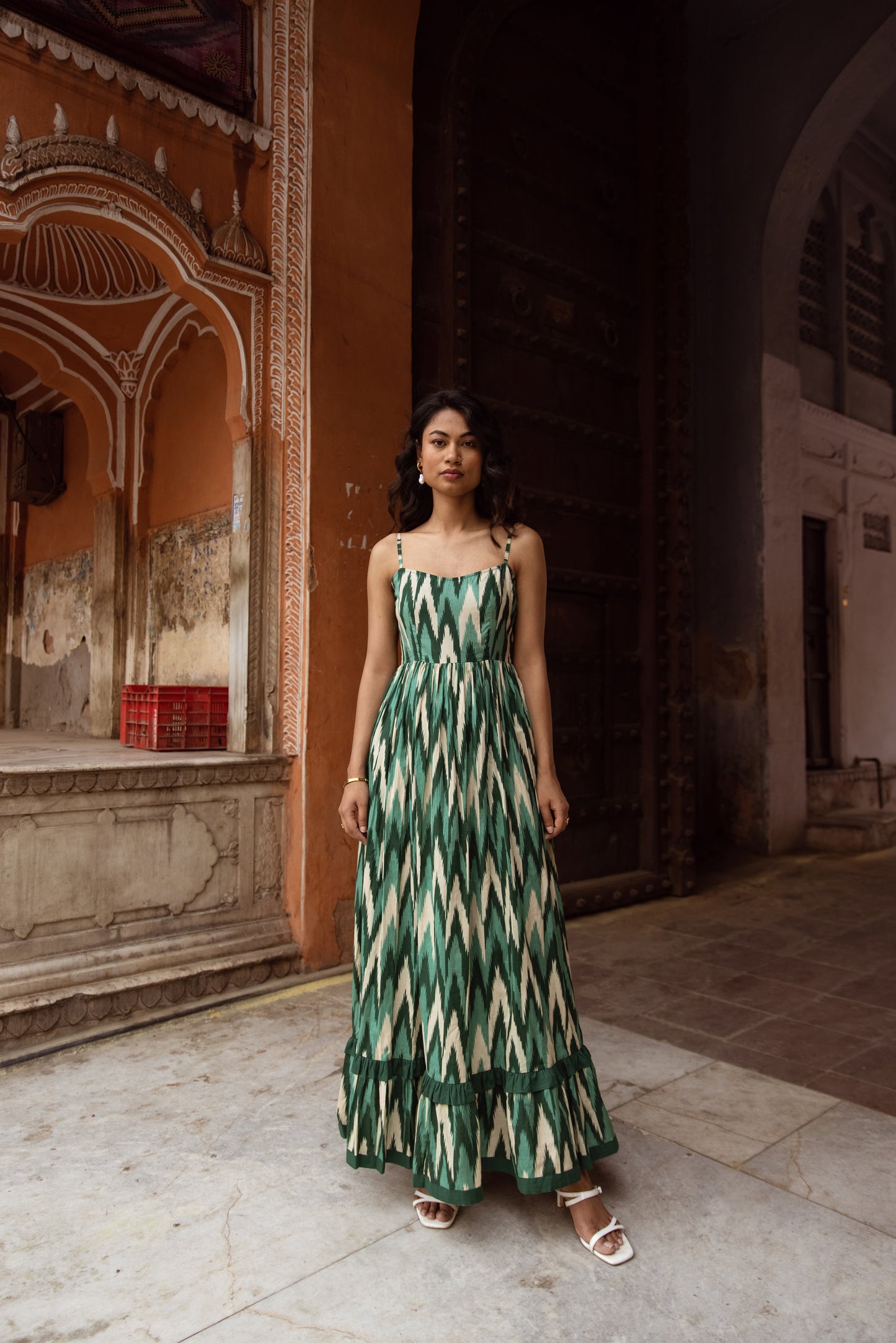 The Jaipur Zig Dress- Green Thin Strap