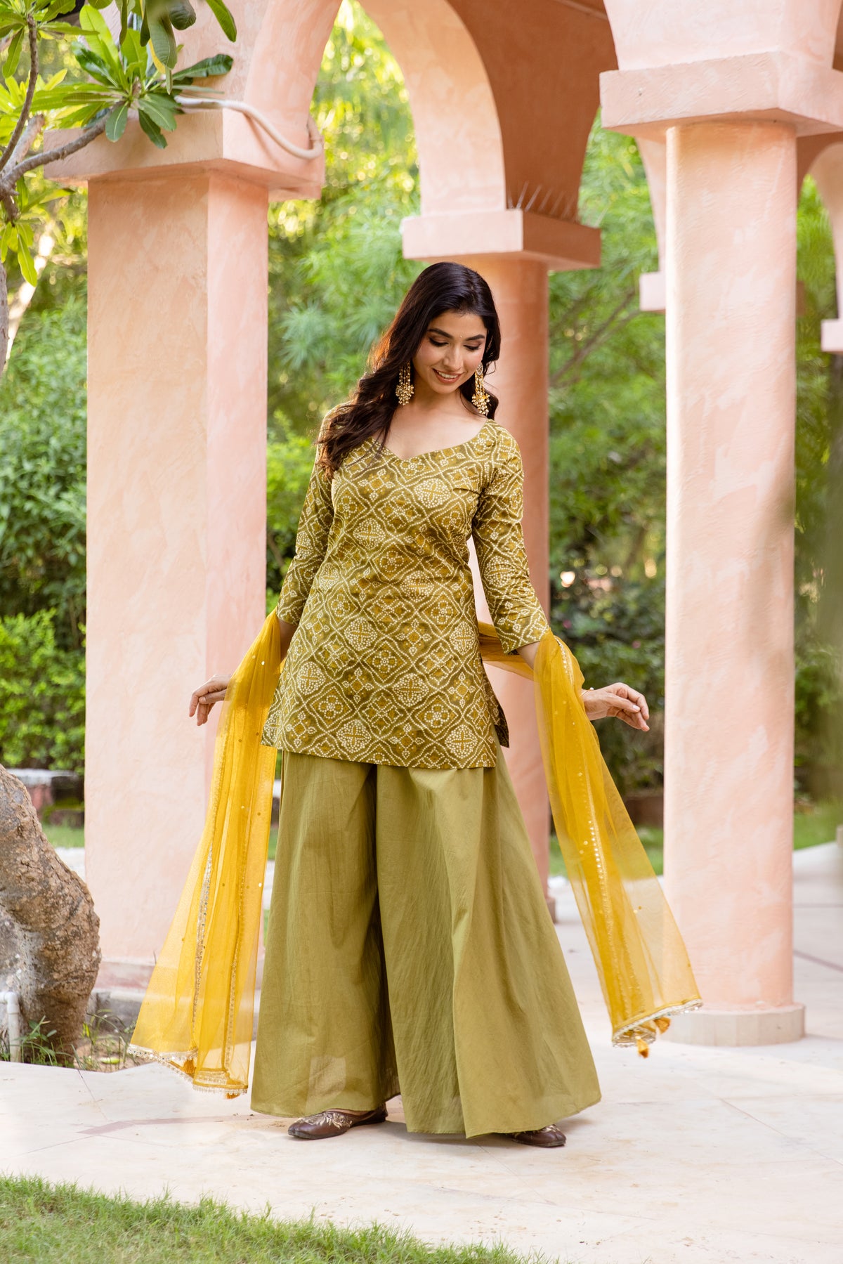 Kairi Sleeved - Printed Sharara Set (Green)
