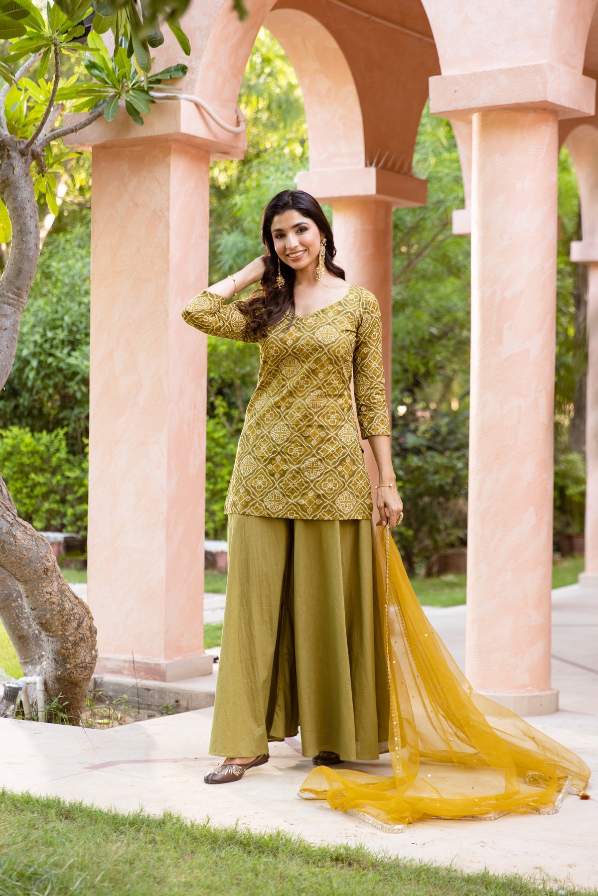 Kairi Sleeved - Printed Sharara Set (Green)