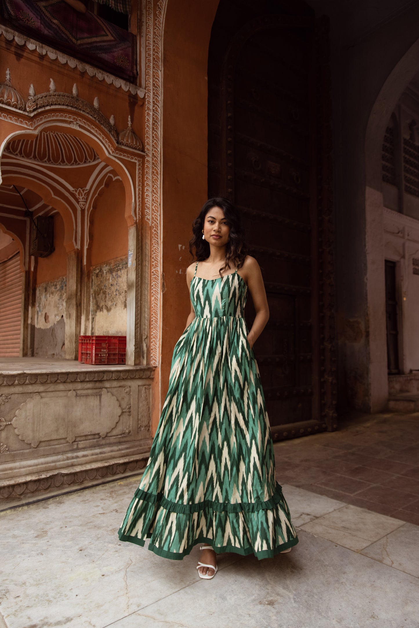 The Jaipur Zig Dress- Green Thin Strap