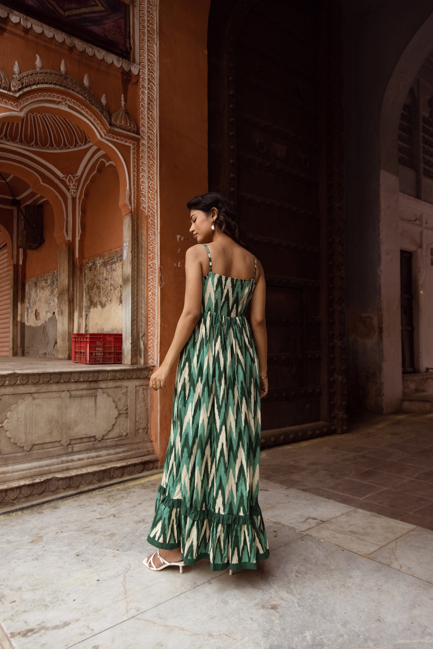 The Jaipur Zig Dress- Green Thin Strap