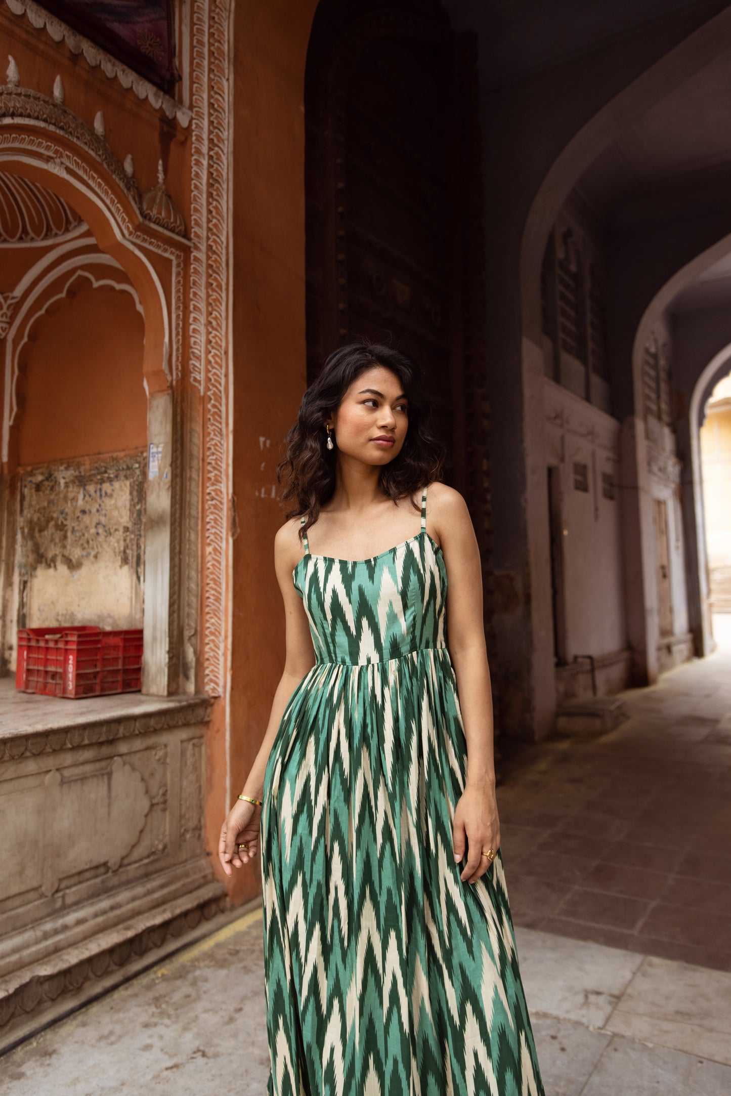 The Jaipur Zig Dress- Green Thin Strap