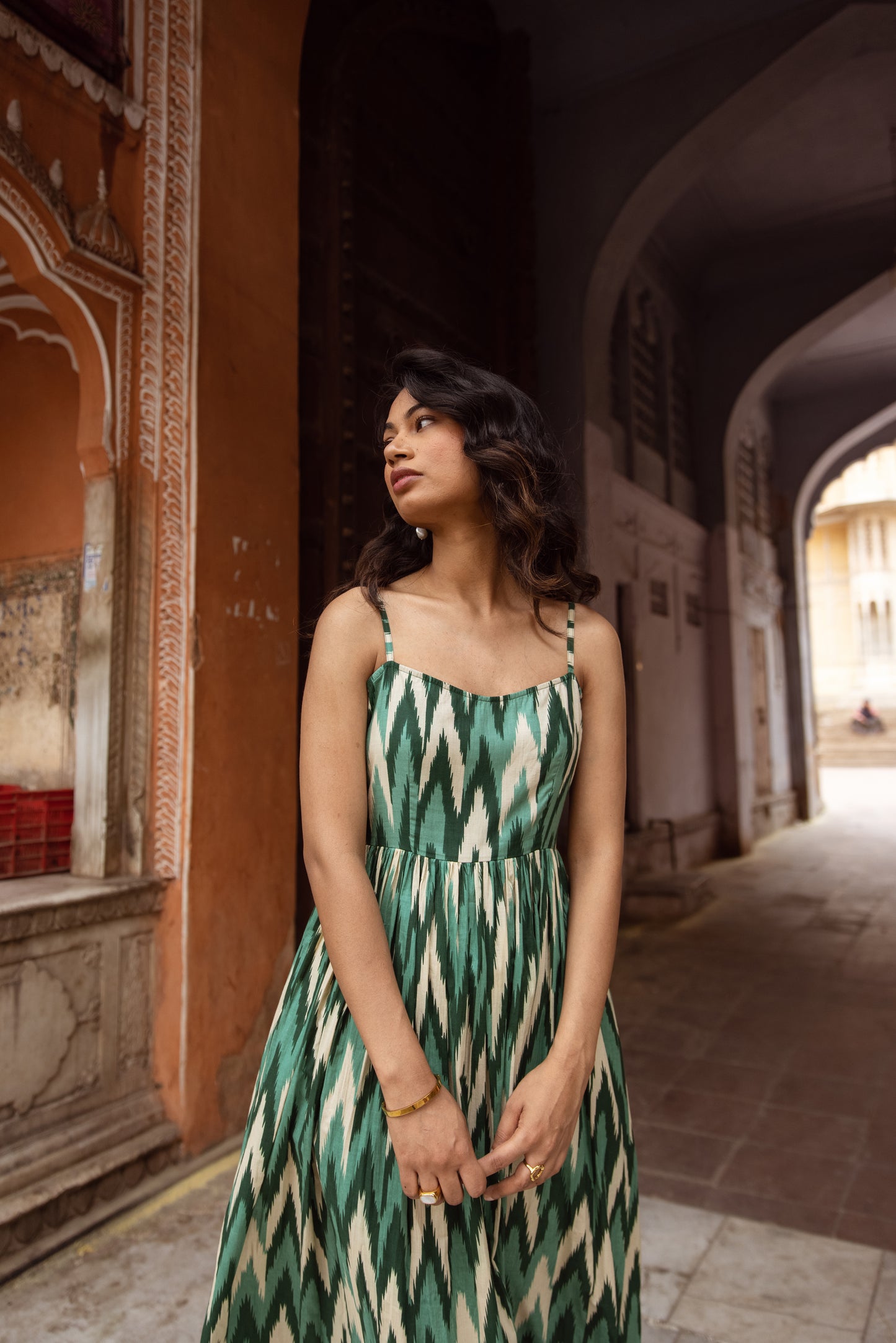 The Jaipur Zig Dress- Green Thin Strap