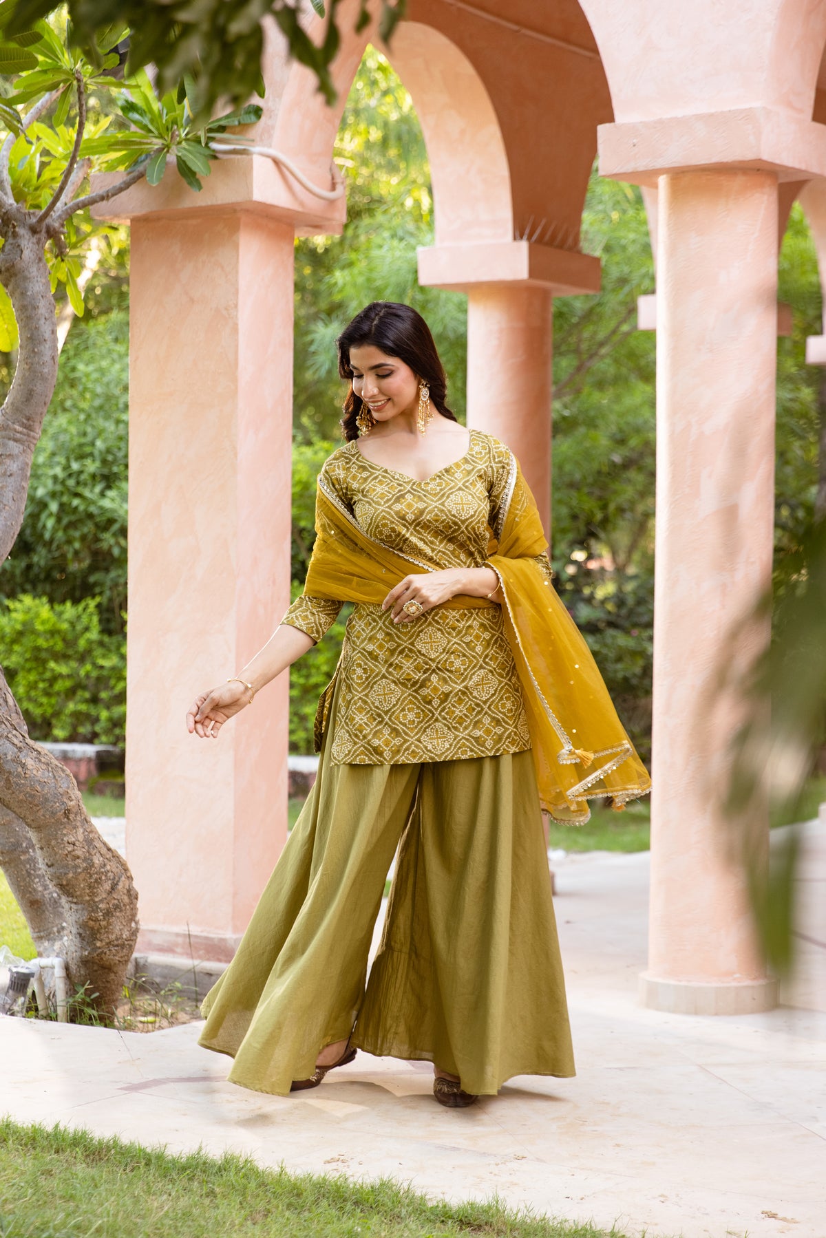 Kairi Sleeved - Printed Sharara Set (Green)