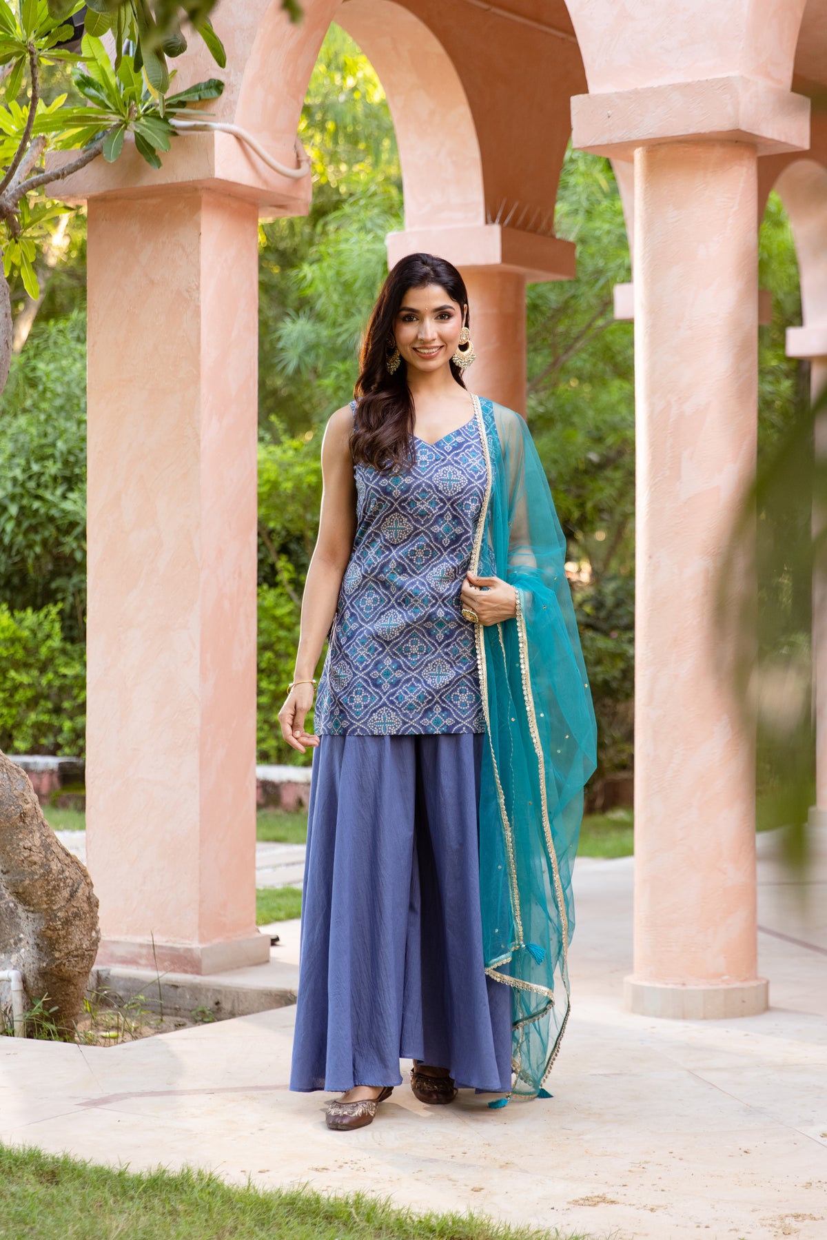 Neel Sleeveless - Printed Sharara Set (Blue)